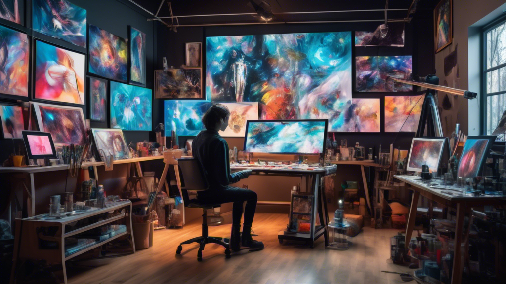 An artist's studio filled with digital screens displaying a variety of AI-generated artworks, with a humanoid robot holding a paintbrush and looking thoughtfully at a canvas on an easel, surrounded by creative tools and futuristic gadgets.